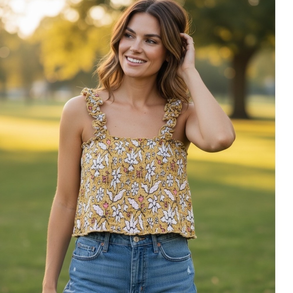 Aerie Mustard Yellow Floral Smocked Crop Top Boho Cottagecore Festival Retro 70s